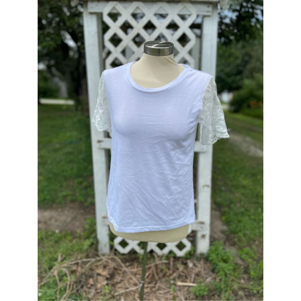 White Lace Short Sleeve Tee Shirt New Boutique